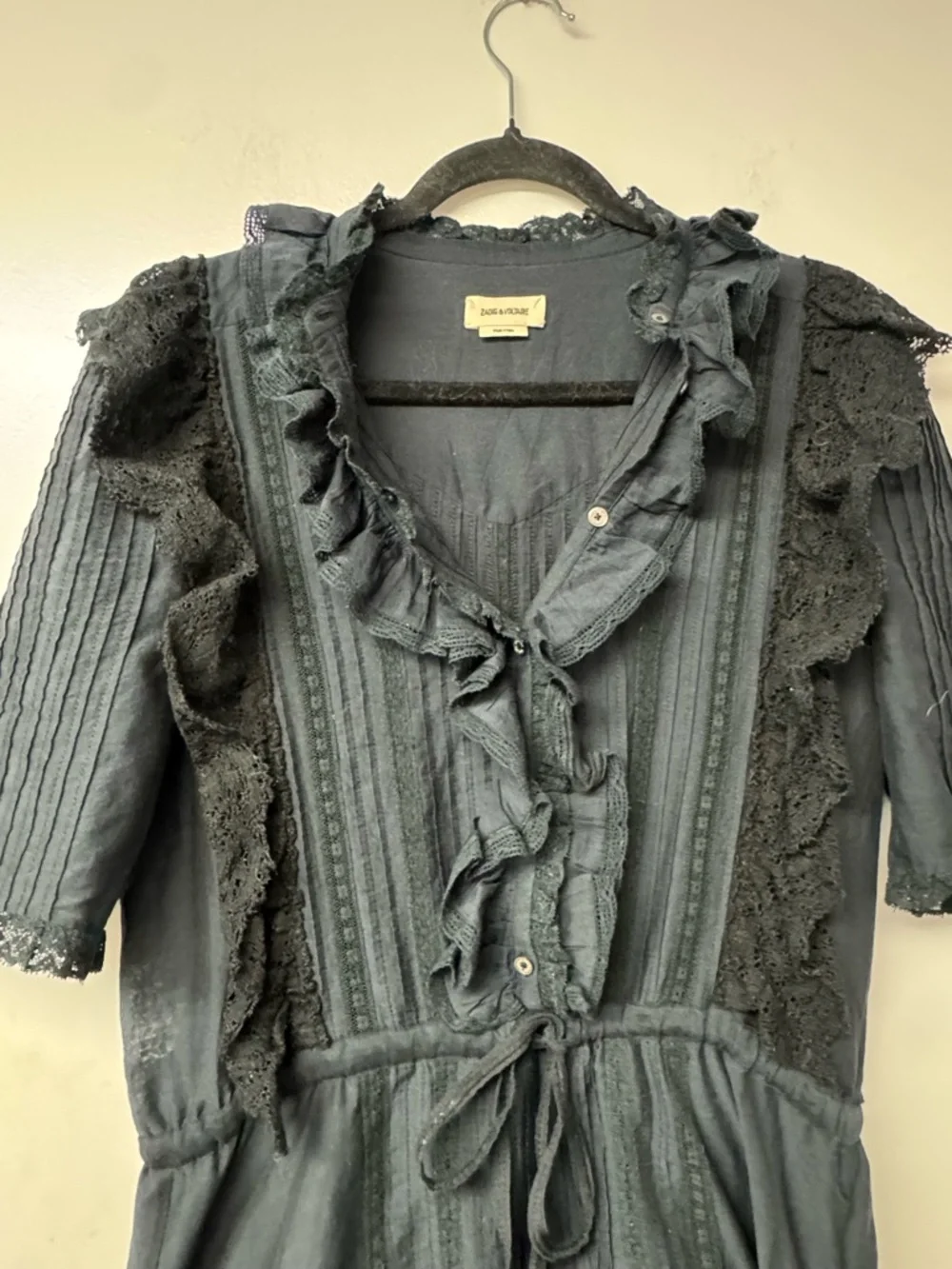 Zadig & Voltaire Ranky Dress Black Lace Ruffle Mini Boho Gothic Tiered Medium A4 - Picture 11 of 16